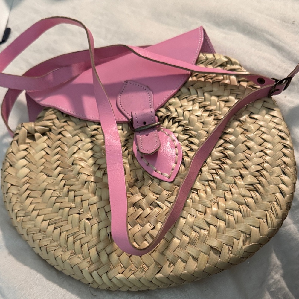 Pink leather and grass Woven Women's Bag